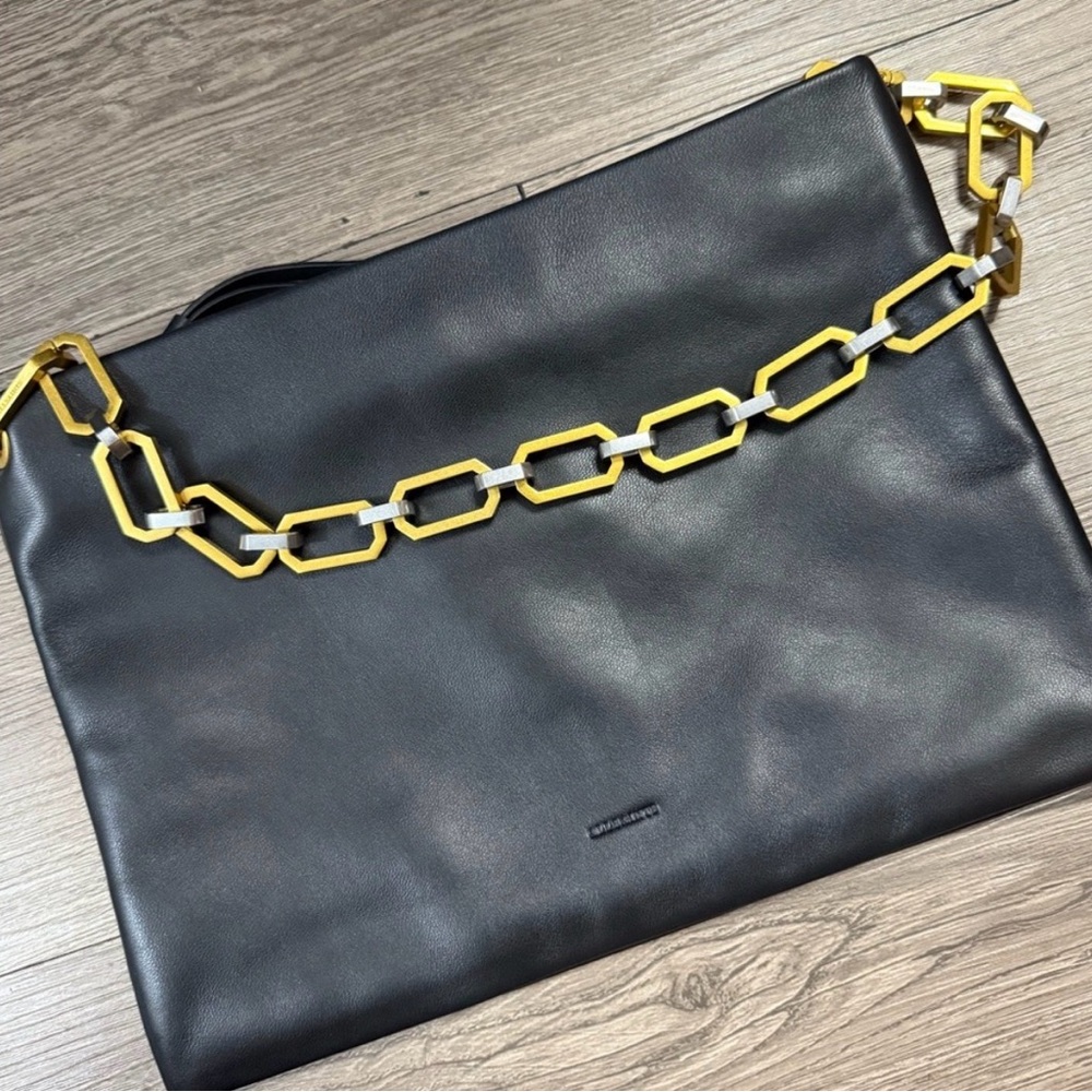 allsaints black leather shoulder bag with mixed metal chain strap